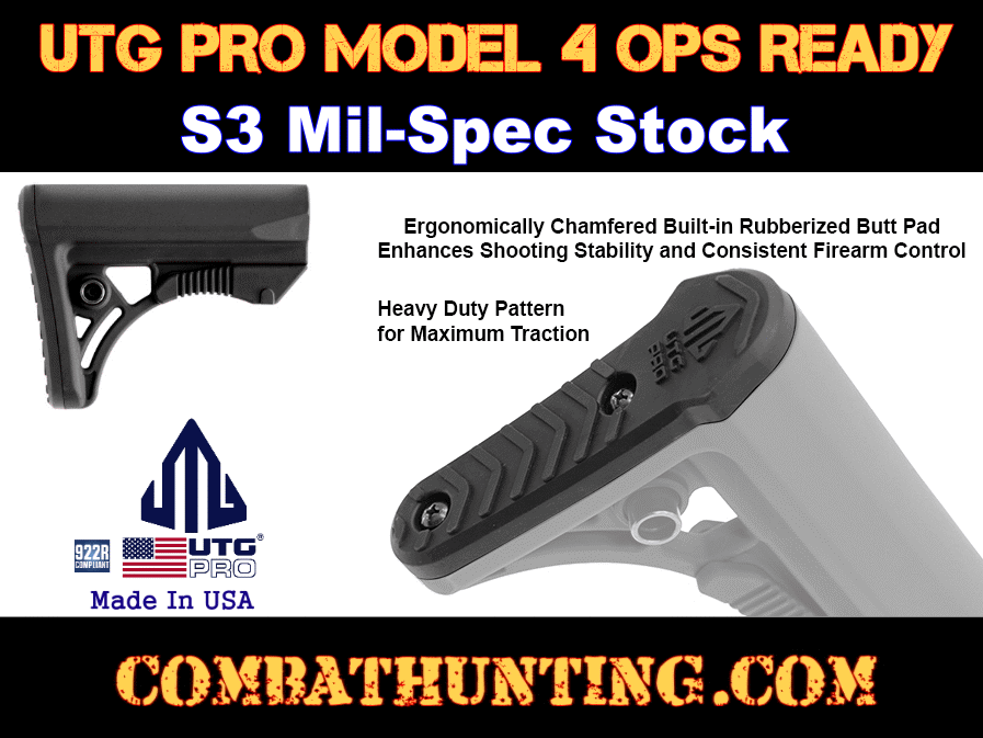 UTG PRO®AR15 Ops Ready S3 Mil-spec Stock 6 position adjustable, Black style=