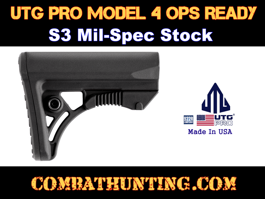 UTG PRO®AR15 Ops Ready S3 Mil-spec Stock 6 position adjustable, Black style=