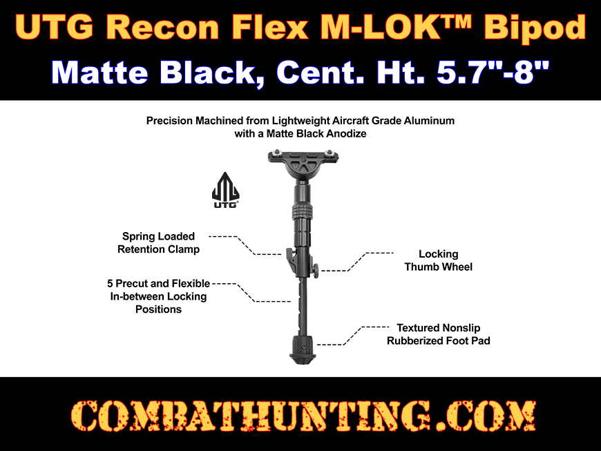 UTG Recon Flex M-LOK Bipod, Matte Black, Cent. Ht. 5.7