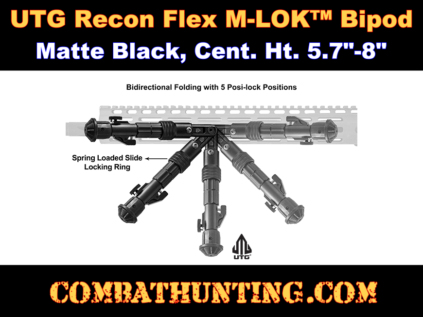 UTG Recon Flex M-LOK Bipod Aircraft Aluminum Matte Black Center Height 5.7"-8"