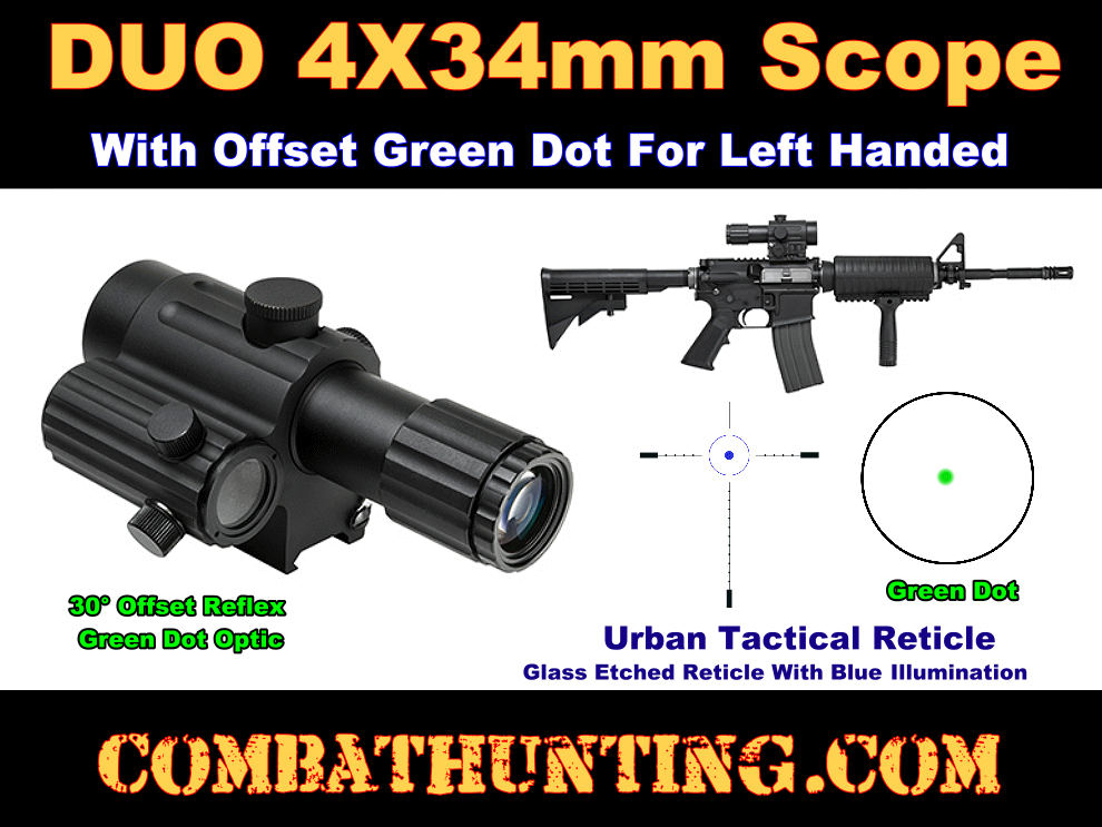 DUO 4X34mm Scope With Offset Green Dot Left hand style=