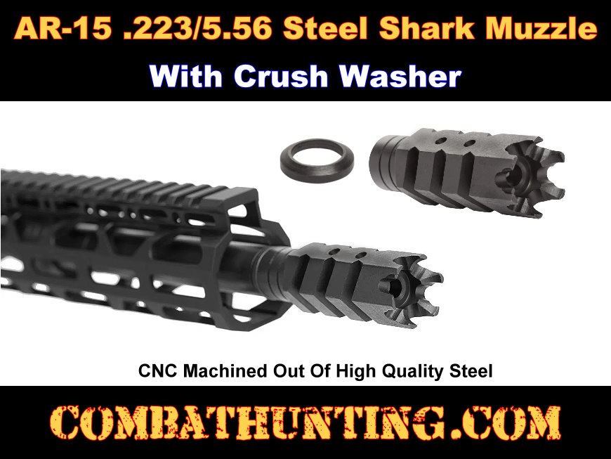 thumbnail image 2 of 223 / 5.56 Shark Muzzle Brake 1/2x28 TPI – Includes Crush Washer & Jam Nut – Made In USA 2 of 5
