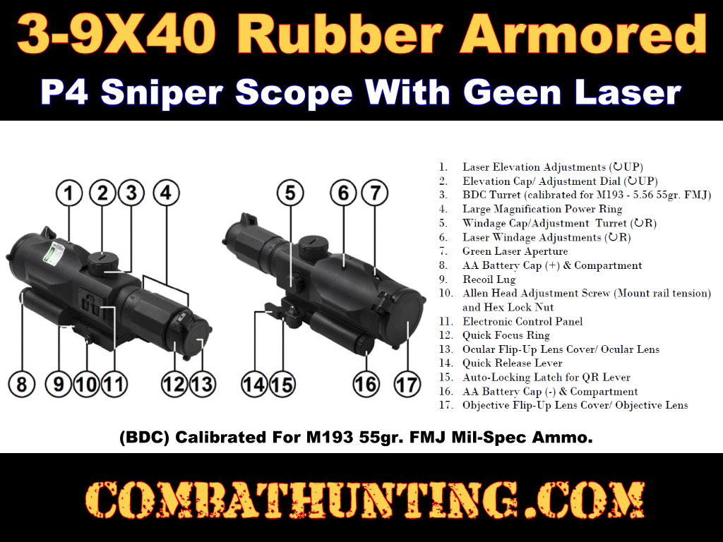 AR-15 Scope 3-9X40 Rubber Armored P4 Sniper Illuminated & Green Laser style=