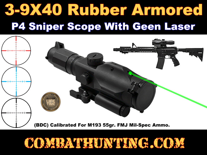 NcStar SRT 3-9X40 GEN3 Armored P4 Sniper Green Laser QR Weaver Mount Rifle Scope 