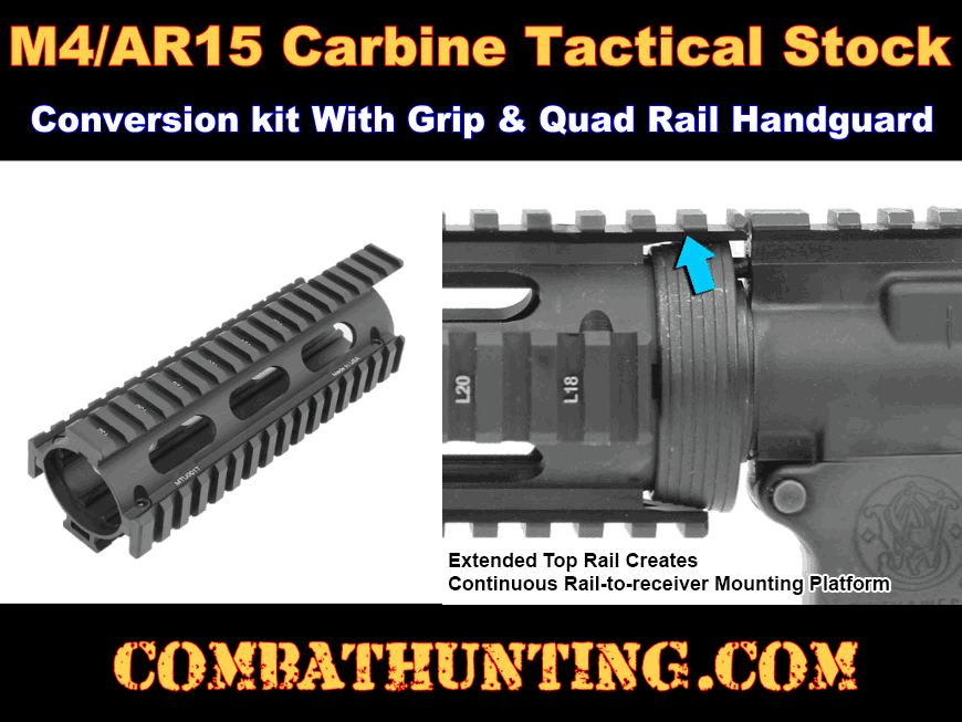 AR15 M4 Stock With Cheek Rest Quad Rail Conversion Kit With Grip style=