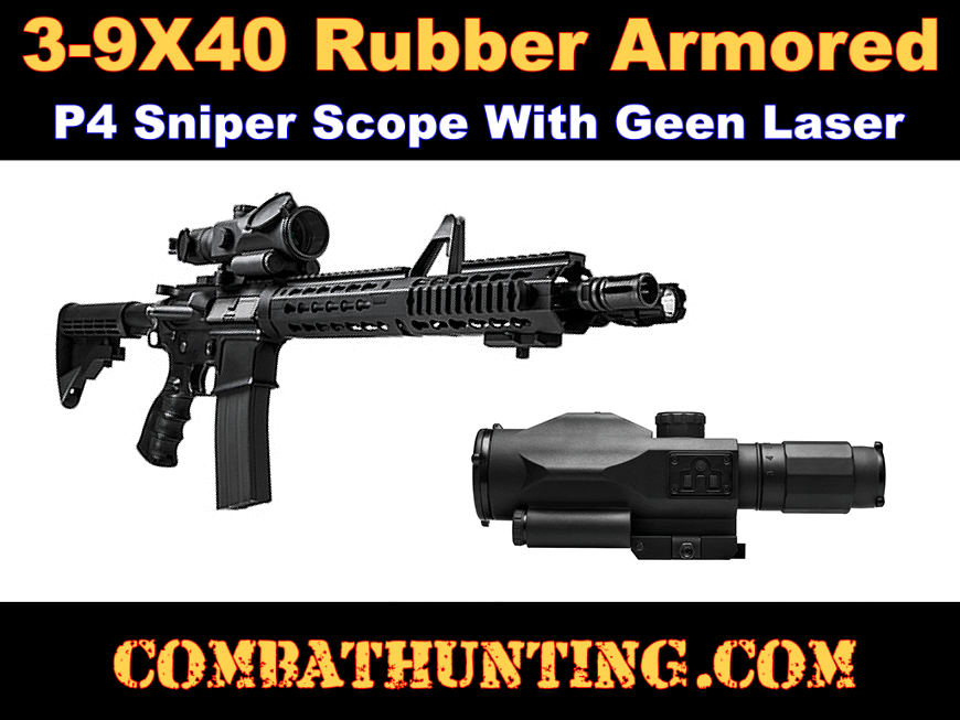 AR-15 Scope 3-9X40 Rubber Armored Mil-Dot Illuminated & Green Laser style=