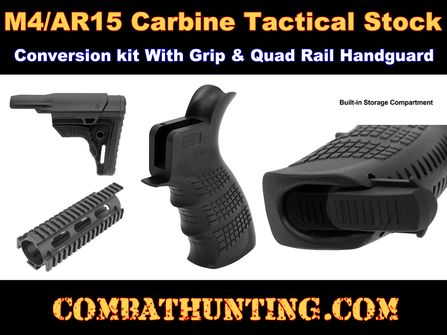 AR15 M4 Stock With Cheek Rest Quad Rail Conversion Kit With Grip style=