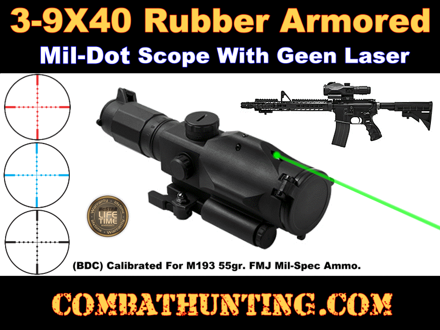 3-9x40 Tactical Rifle Scope Dual illuminated w/ Red Laser & Mounts Flashlight 