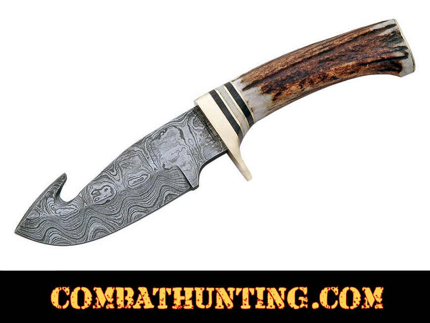 Damascus Guthook Fixed Blade Hunters Knife style=