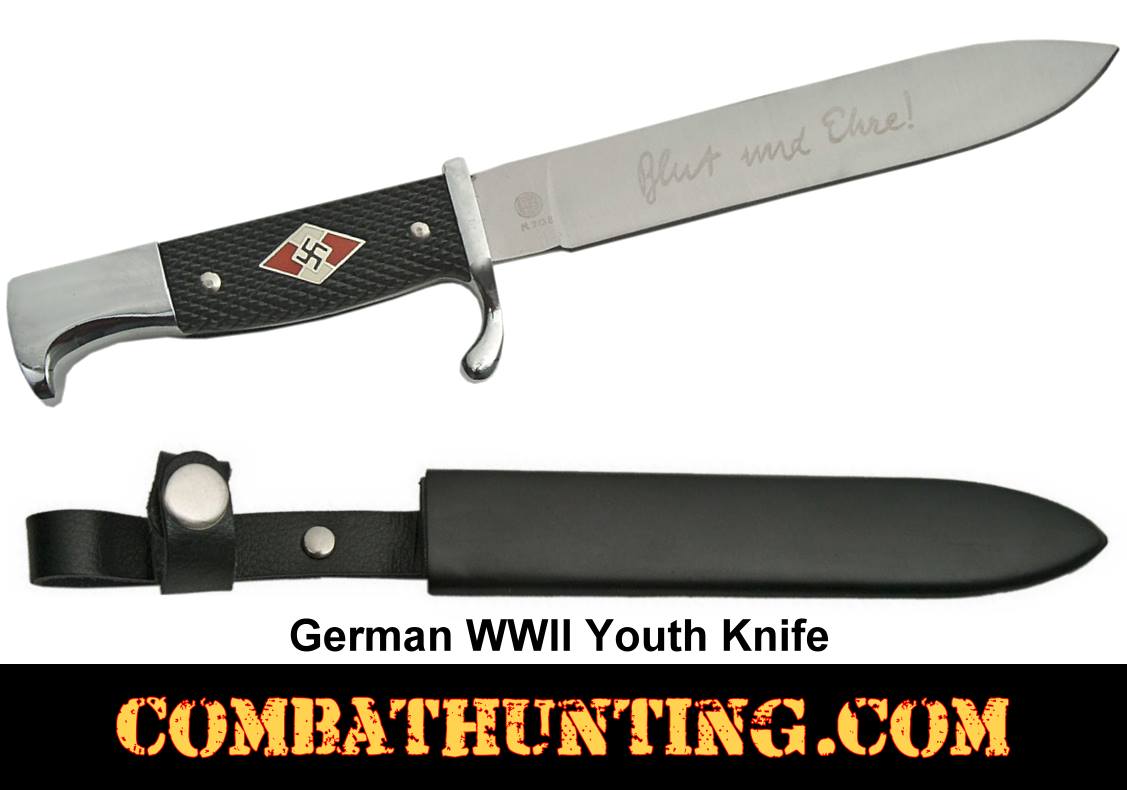 This German WWII Hitler Youth Knife Replica features the motto Blut und Ehr...