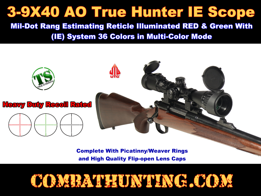UTG SCPU394AOIEW 3-9X40 1 Hunter Scope Ao 36-Color Mil-Dot W/ Rings 