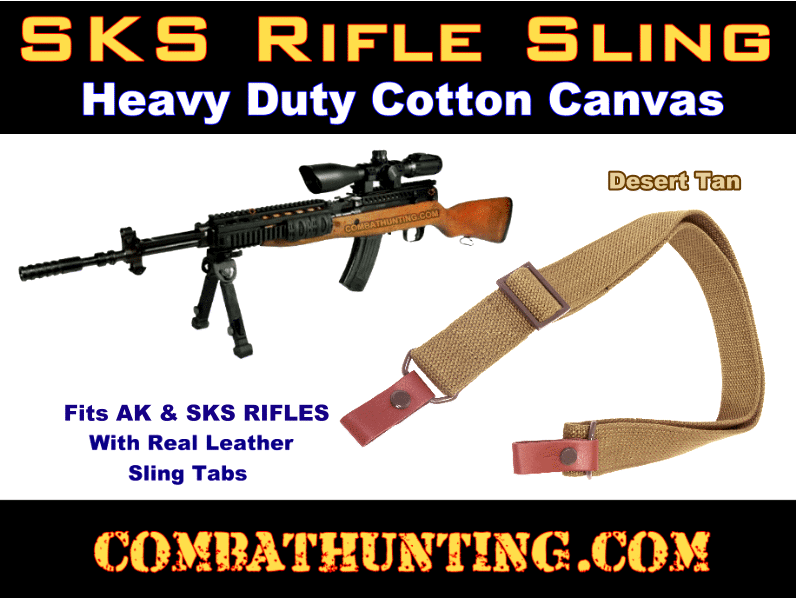 Heavy Duty SKS Rifle Sling Cotton Canvas Web Metal Hardware Leather Loop Tabs 