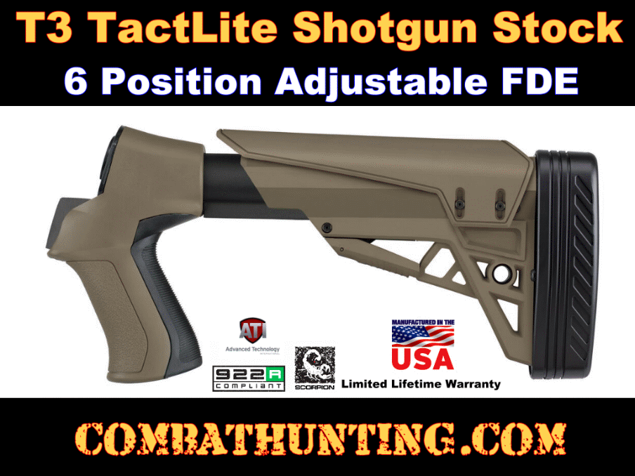 T3 TactLite Shotgun Stock 6 Position Adjustable FDE style=