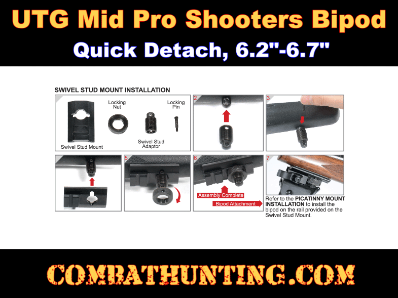 Quick Detach,6.2" 6.7" New Sealed UTG TL-BP28SQ New Gen Med Pro Shooters Bipod 