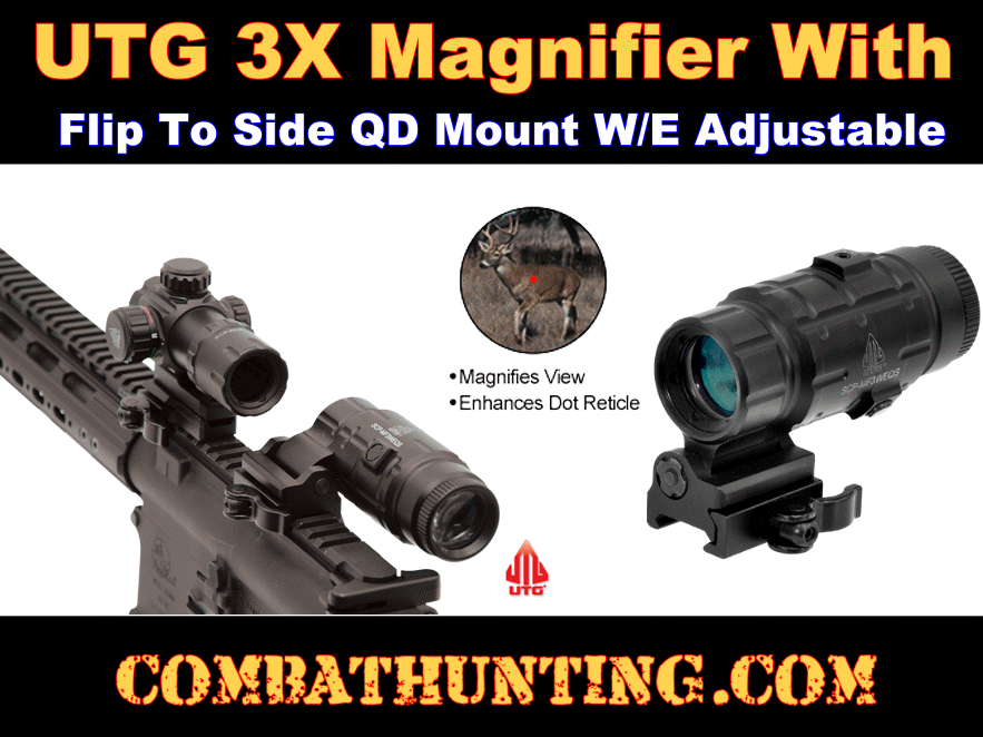 UTG 3X Magnifier with Flip-to-side QD Mount, W/E Adjustable style=
