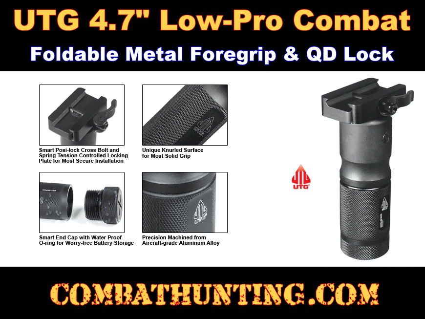 UTG® 4.7" Low Profile Combat Foldable Metal Foregrip QD Lock style=