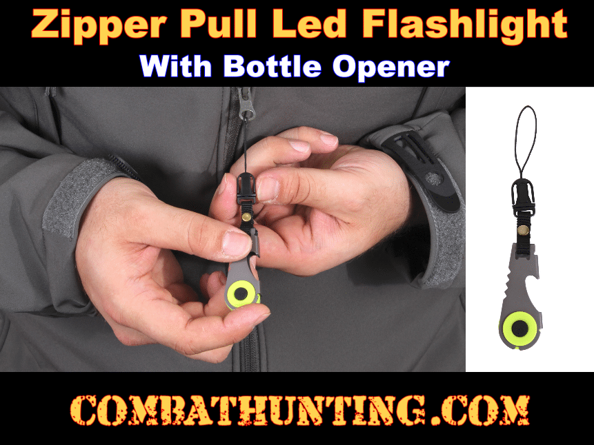 Zipper Pull Flashlight With Bottle Opener style=