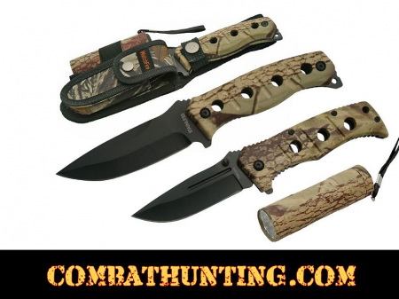Hunters camouflage Knife Set With Sheath and Led Flashlight