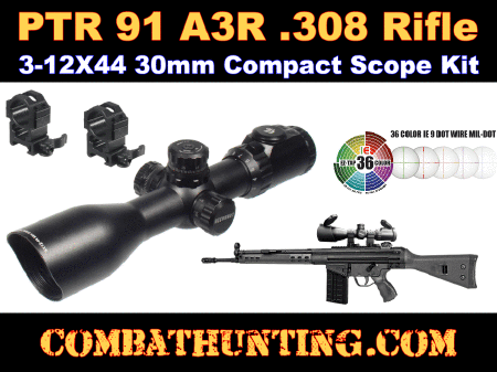 PTR 91 A3R .308 Rifle 3-12X44 30mm Compact Scope Kit With Rings