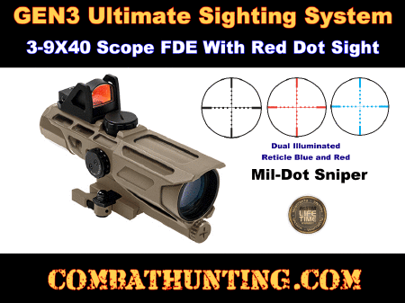 Gen3 USS 3-9x40 Scope W/Red Dot/Mil-dot Tan/FDE
