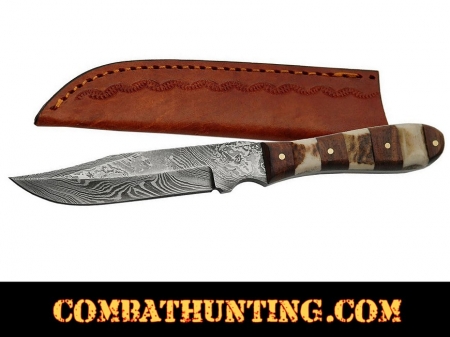 Damascus Steel Mini Hunting Knife With Stag Horn & Wood Handle