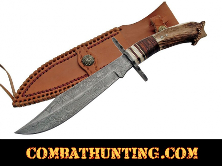 Stag Horn Damascus Steel Crown Bowie Knife