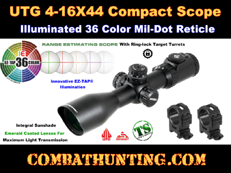 UTG 4-16X44 30mm Compact Scope, AO, 36-color Mil-dot, Rings