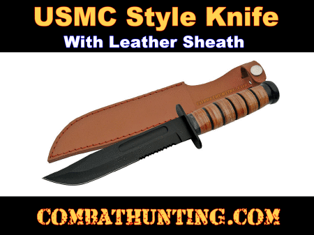 USMC Style Fighting Knife Black Serrated Blade